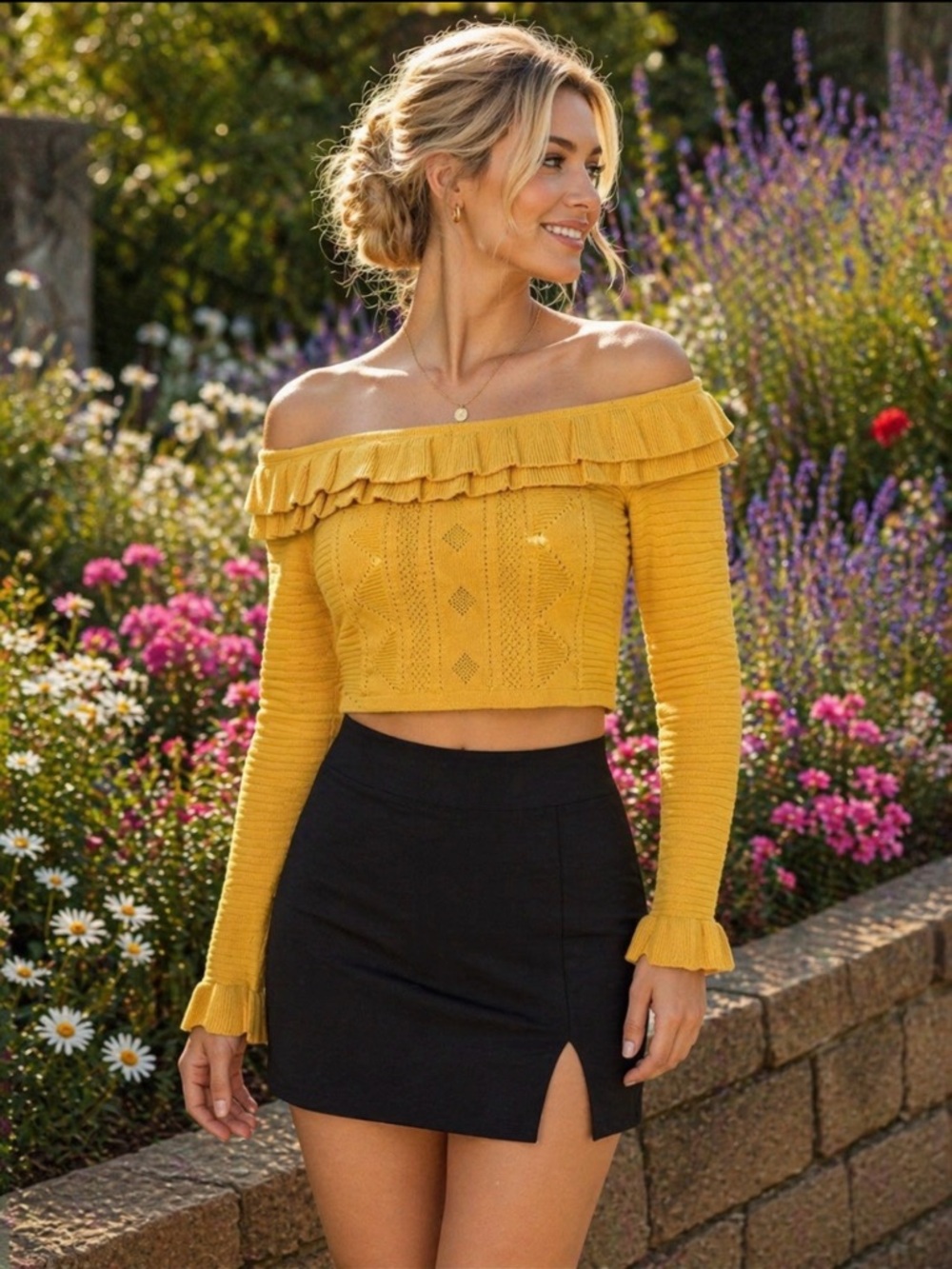 Anthropologie Free the Roses mustard off the shoulder sweater crop top